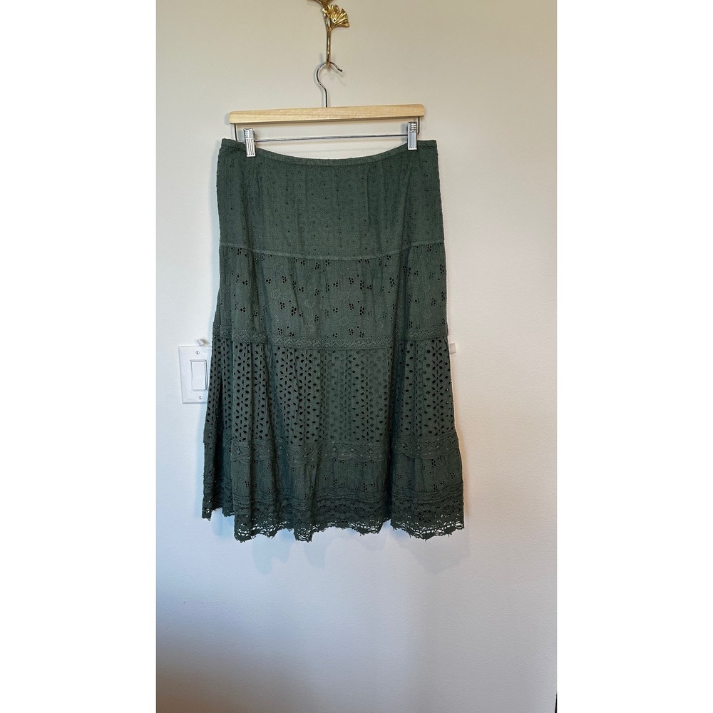 Chico's Eyelet Midi Skirt Womens 2 Green Cotton Tiered Boho Garden Peasant - Picture 8 of 9
